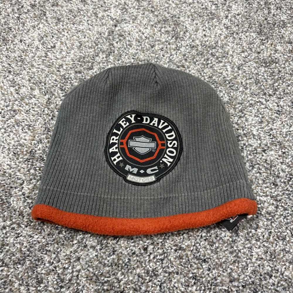 Harley Davidson Beanie Kids One Size Gray Orange Good Fleece Lined Knit Hat